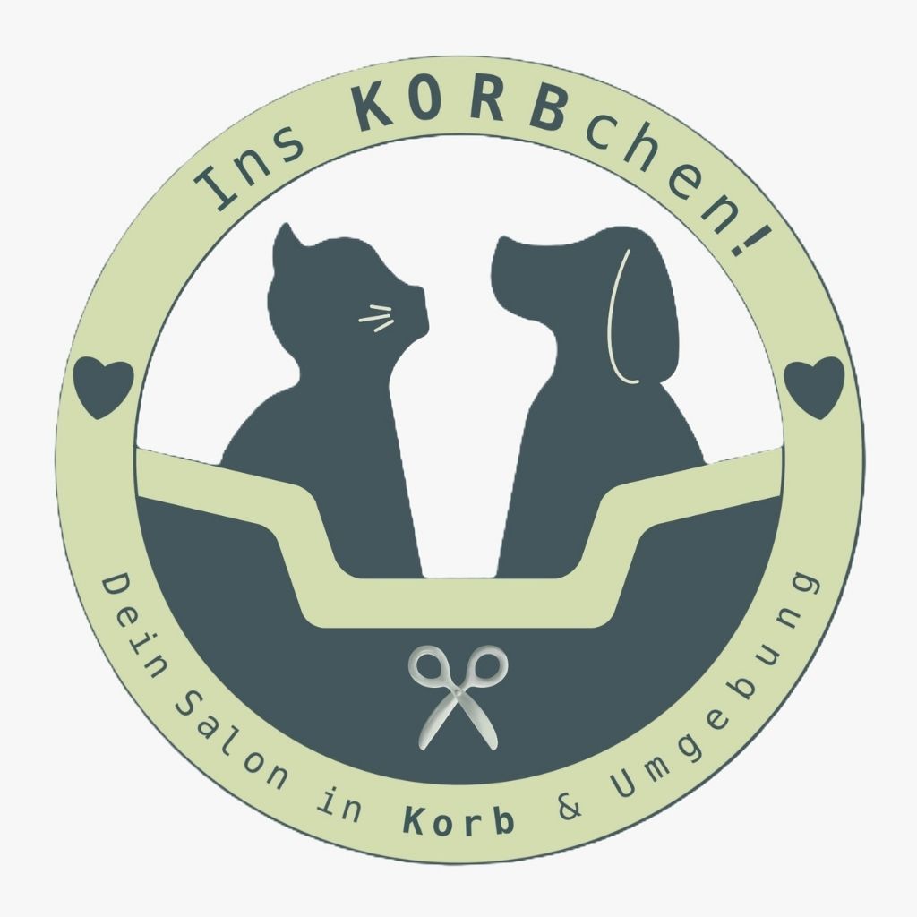 Logo von ins Korbchen. Katze und Hund sitzen gegenüber und schauen sich an. Hundefriseur in Waiblingen Korb