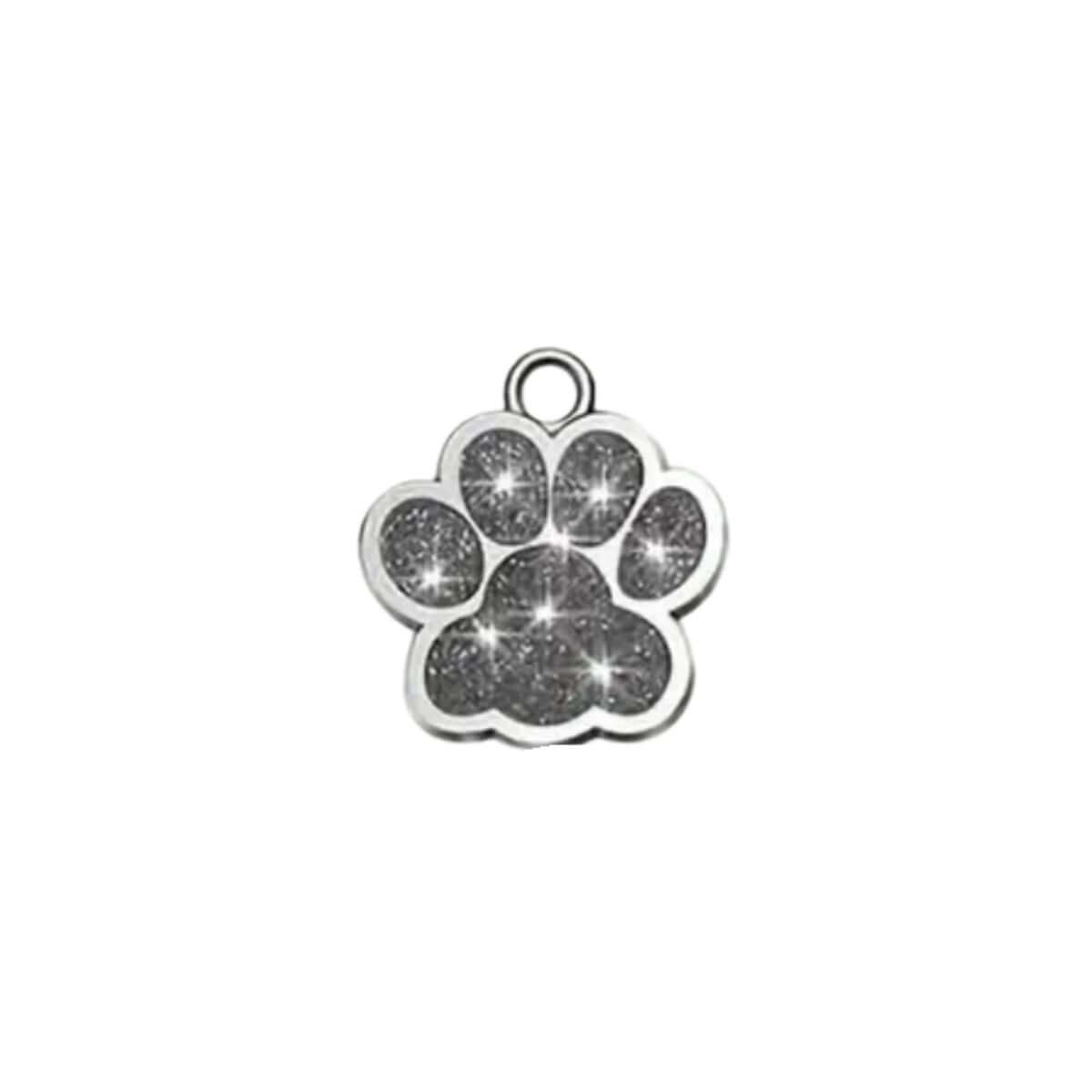 Glitzernde Hundemarke in Pfotenform Edelstahl – Silber, gravierbar mit Wunschtext & Motiv