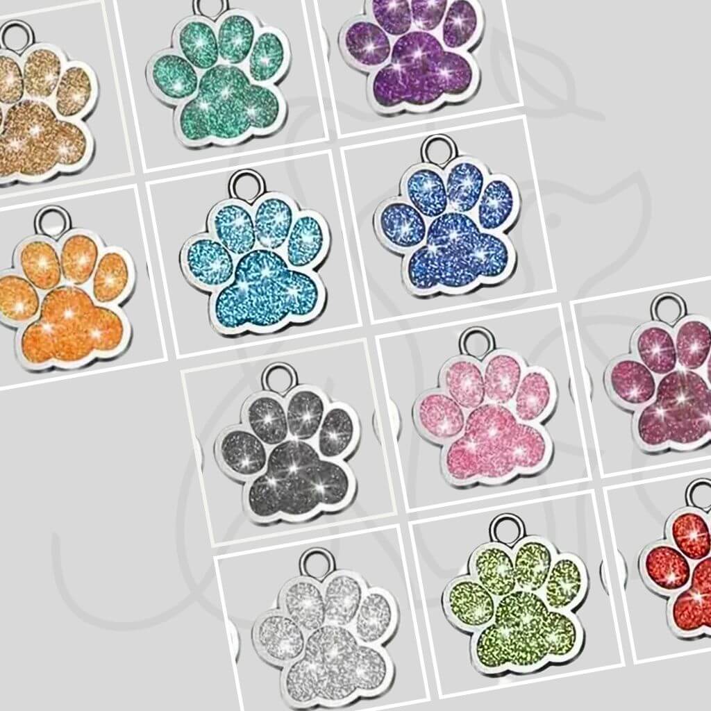 Glitzernde Hundemarke Edelstahl in Pfotenform – Silber, gravierbar mit Wunschtext & Motiv - LUIS & LEON