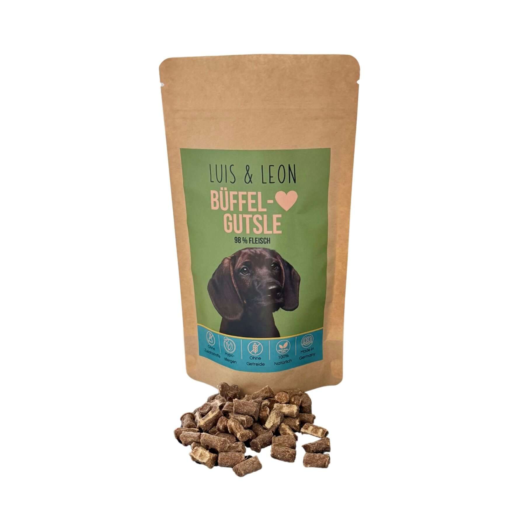 LUIS & LEON Büffelherz Gutsle – Hypoallergene Hundeleckerli, 77% Fleisch, Gemüse, Getreidefrei - LUIS & LEON