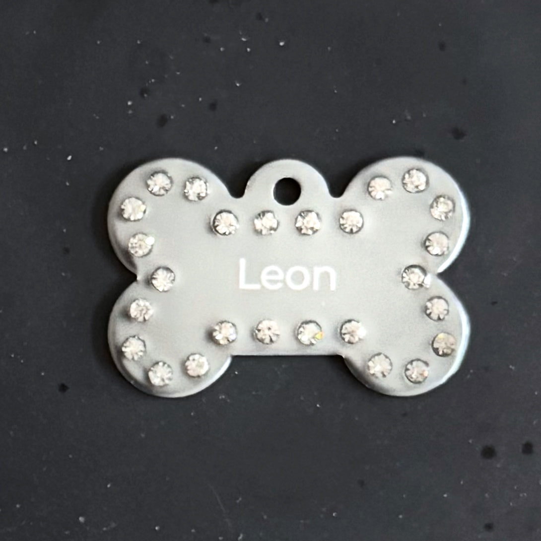 LUIS & LEON Hundemarke Knochen mit Strass – personalisierte Gravur aus Aluminium
